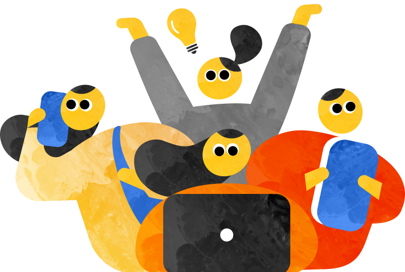 営業とデザイナーが連携して働くチームのイラスト